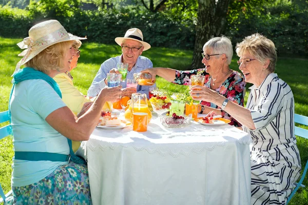 Pessoas Idosas Felizes Sentadas Mesa Comendo Bolo Frutas Bebendo Suco — Fotografia de Stock