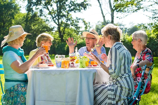 Pessoas Idosas Felizes Sentadas Mesa Comendo Bolo Frutas Bebendo Suco — Fotografia de Stock