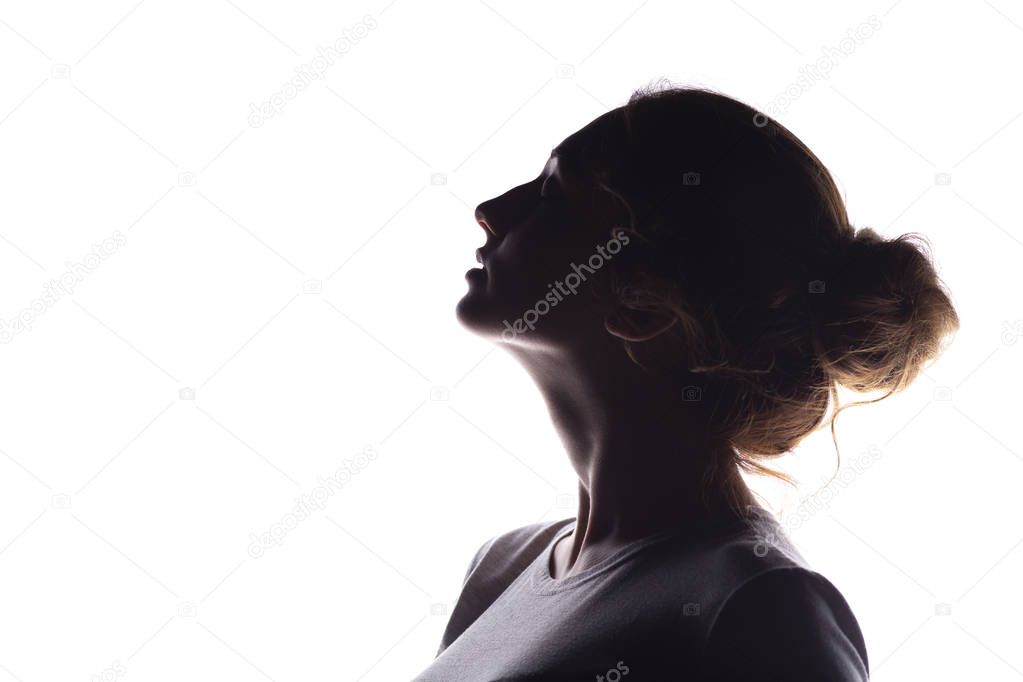 silhouette of figure of beautiful girl, woman profile on white isolated background, concept of beauty and fashion