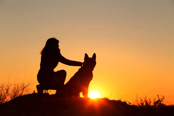 妇女拥抱德国牧羊犬的剪影乖乖地坐在附近，女孩走在自然与宠物在日落在田野, — 图库照片