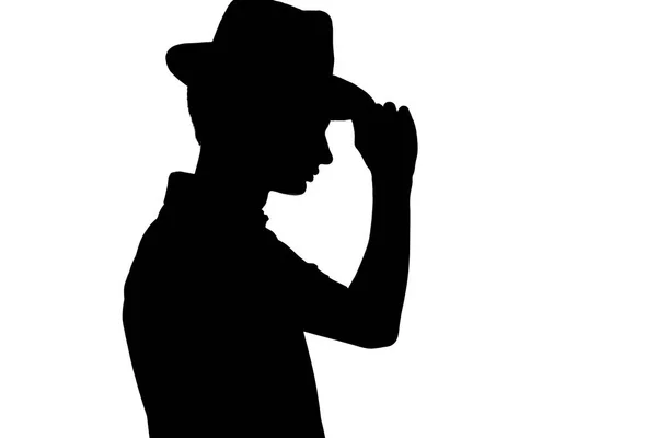 Silueta de hombre joven con estilo en sombrero de negocios, perfil de persona irreconocible sobre fondo blanco aislado —  Fotos de Stock