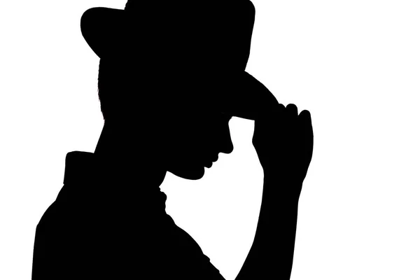 Sziluettje stílusos fiatalember üzleti kalap, profilja a felismerhetetlen ember arca fehér elszigetelt háttér — Stock Fotó