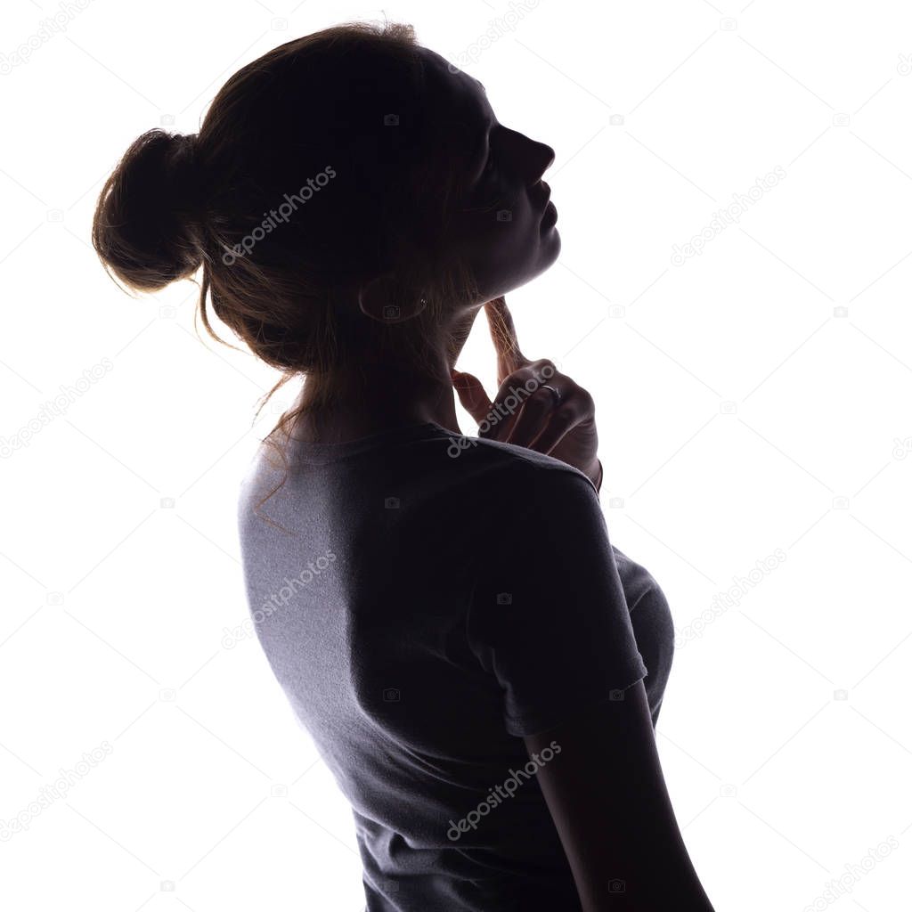 figure of a sensual young woman standing back and turning around, a beautiful girl with hand-picked hair on a white isolated background