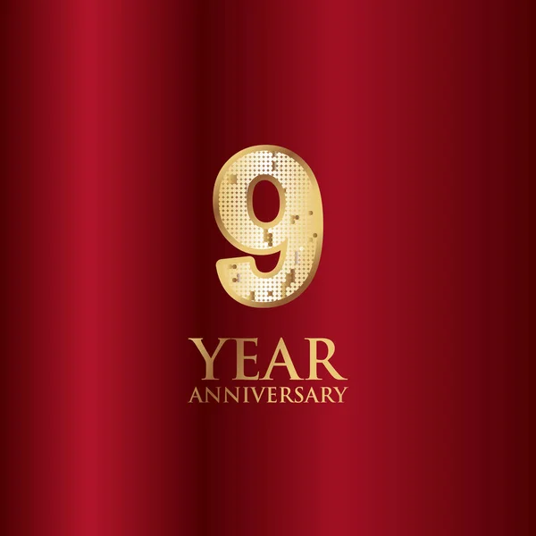 9 Year Anniversary Gold With Red Background Vector Template Design Illustration — Stock Vector