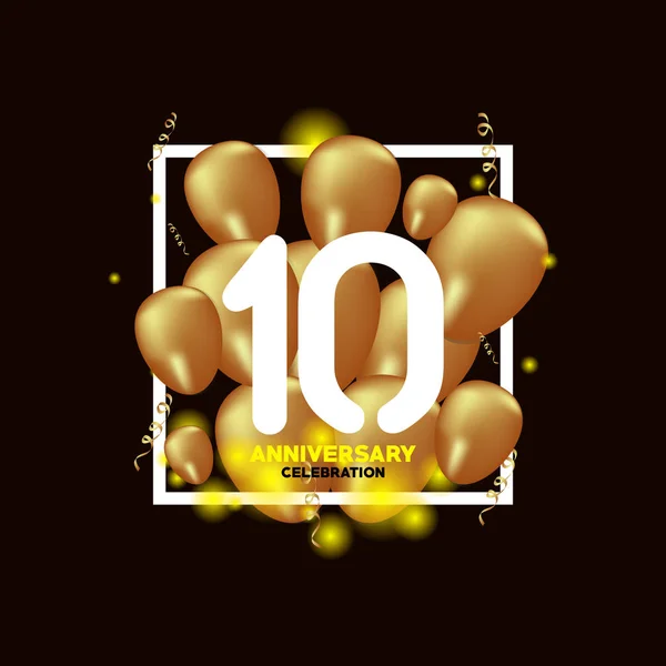 Aniversário de 10 anos White Gold Balão Vector Template Design Ilustração — Vetor de Stock