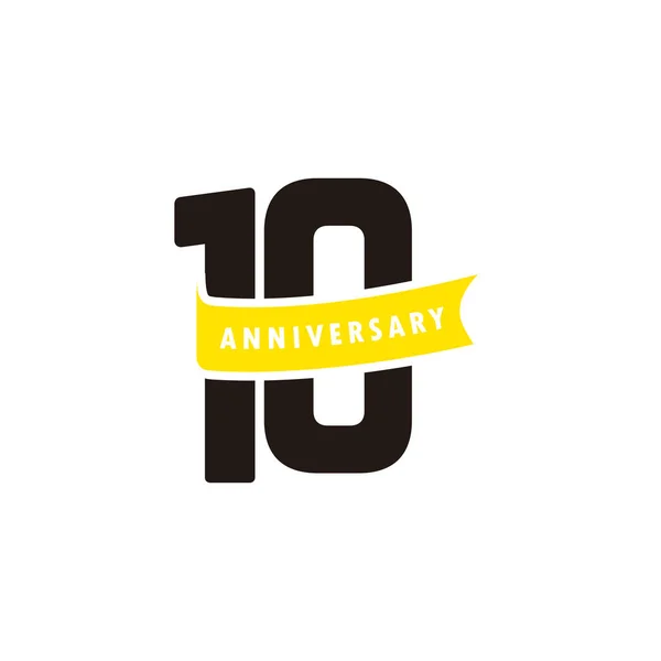 10 Years Anniversary Number With Yellow Ribbon Celebration Vector Template Design Illustration — Stock Vector