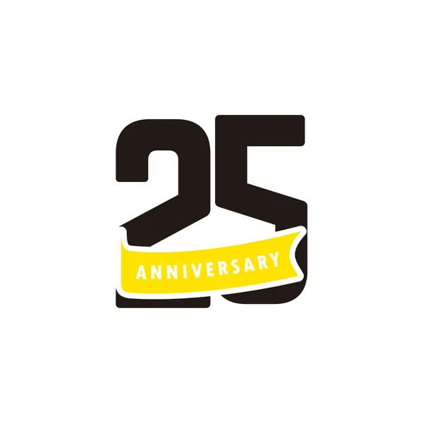 25 jaar verjaardag nummer met gele lint viering vector sjabloonontwerp illustratie — Stockvector