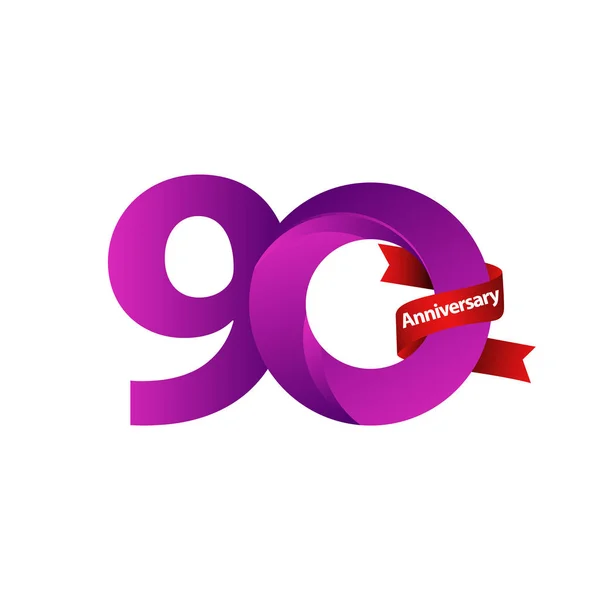 90 Años Celebración del Aniversario Cinta Púrpura Vector Plantilla Diseño Ilustración — Vector de stock