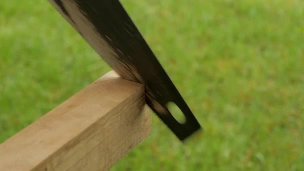 Handsäge Auf Holz Hacksaw Holzhacksäge Sägen Nahaufnahme — Stockvideo