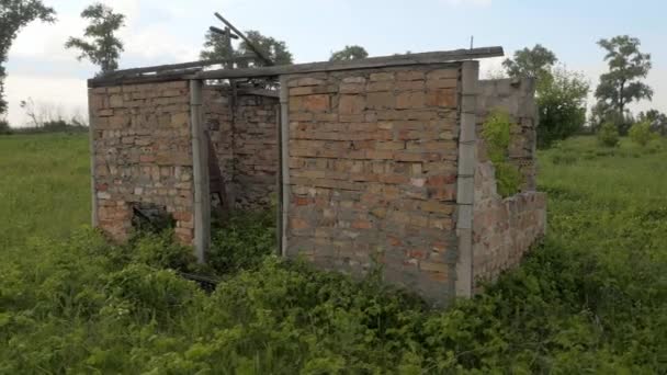 Maison en ruine au milieu du champ. Maison abandonnée envahie d'arbres. Post-apocalyptique. Ruines d'un bâtiment en brique. Maison abandonnée en ruine au milieu du champ. Les ruines du bâtiment. Tchernobyl. Zone d'exclusion. Zone de Tchernobyl .