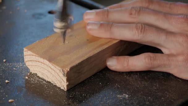 Bohren Der Maschine Holz Bohren Holzbearbeitung Tischler Ein Mann Arbeitet — Stockvideo