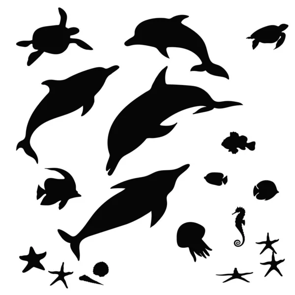 Монохромний Чорний Білий Контур Силует Татуювання Дельфін Черепаха Зіркова Риба — стоковий вектор