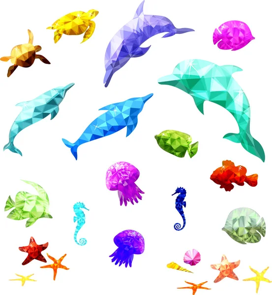 Modello Animali Marini Vettore Arte Colore Cristallo Contorno Silhouette Insieme — Vettoriale Stock