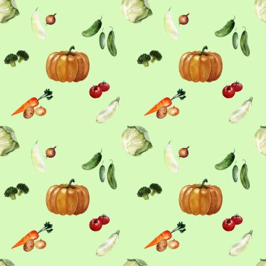 yeşil arka planda sonbahar sebzeleri, kabak, lahana, havuç, brokoli, soğan, domates, Olgun, çizim, suluboya, turuncu