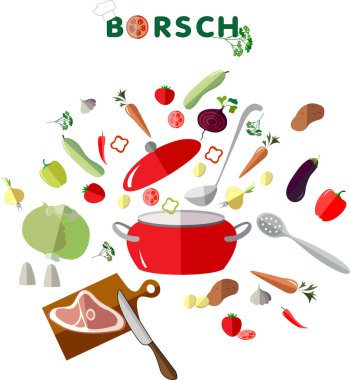 pişirme borsch, sebze çorbası, vektör, çizim, sonbahar, harf, sanat, resim, tasarım, set, sebze, paprika, lahana, patates, pancar, soğan, sarımsak, kaşık, aşçı, bıçak, kesme tahtası, et, tava, brokoli, tuz, pişirme, tarif 