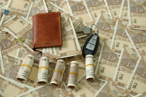 Indiase Roepie Valuta Notities Een Portefeuille Tafel — Stockfoto