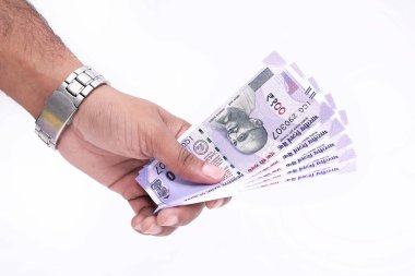 Elinde 100 Hint parası. Beyaz arka planda yalıtılmış