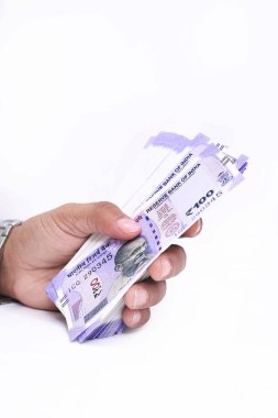 Yeni Hint para birimi banknotları ile el. Beyaz arka planda yalıtılmış.