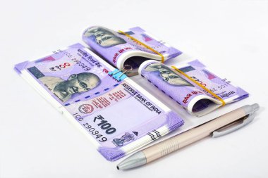 100 rupi Hint banknotları ve kalem. Beyaz arka planda yalıtılmış.
