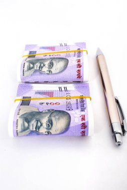 Yeni Hint 100 rupi para ve kalem. Beyaz arka planda yalıtılmış.