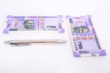 Paket ve kalemden yeni Hint Para Birimi Rupisi. Ahşap arka planda izole.