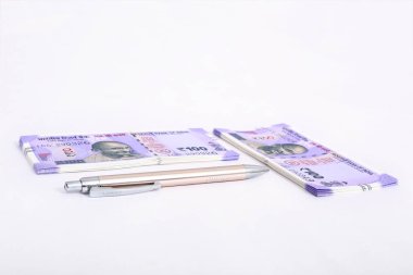 Paket ve kalemden yeni Hint Para Birimi Rupisi. Ahşap arka planda izole.