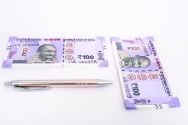 Paket ve kalemden yeni Hint Para Birimi Rupisi. Ahşap arka planda izole.