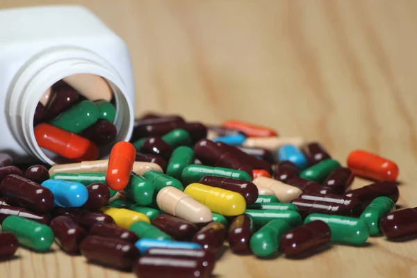 Multiple Capsules Isolated Wooden Background Pills Can Contain Any Medicine — Stock Photo, Image