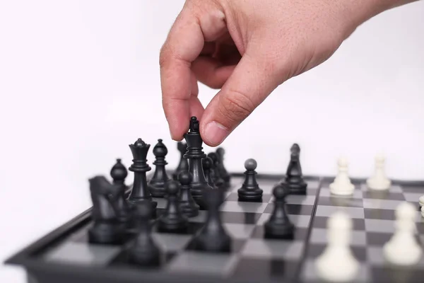 Mano Hombre Está Jugando Ajedrez Aislado Sobre Fondo Blanco —  Fotos de Stock