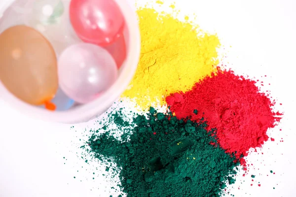 Porträt Der Holi Farbe Mit Wasserballons Eimer Für Holi Spaß — Stockfoto