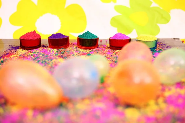 Porträt Von Bunten Organischen Holi Farben Und Wasserballons Für Holi — Stockfoto