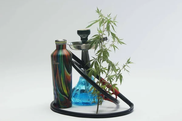 Blue Hookah Marijuana Leaves Bottle Isolated White Background — Stock Photo, Image
