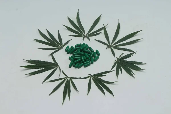 Dekorasyon Marihuana Yaprakları Ayurveda Yeşil Tablet Beyaz Arka Planda Yalıtılmış — Stok fotoğraf