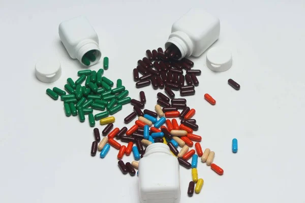 Different Ayurvedic Vitamin Capsule Bottle Isolated White Background — Stock Photo, Image