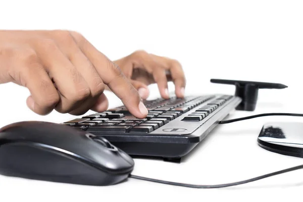 Imagem Homem Trabalhar Computador Isolado Sobre Fundo Branco — Fotografia de Stock