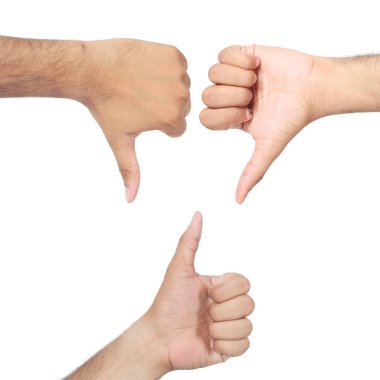 Başparmak yukarı ve aşağı el. Beyaz arka planda yalıtılmış