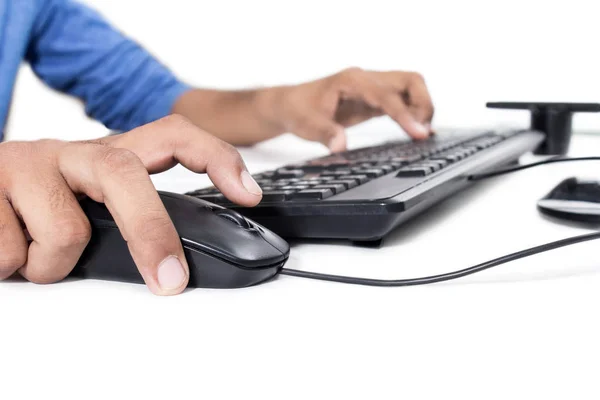 Imagem Homem Trabalhar Com Computador Isolado Sobre Fundo Branco — Fotografia de Stock