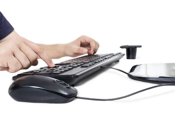 Imagem Homem Trabalhar Com Computador Isolado Sobre Fundo Branco — Fotografia de Stock