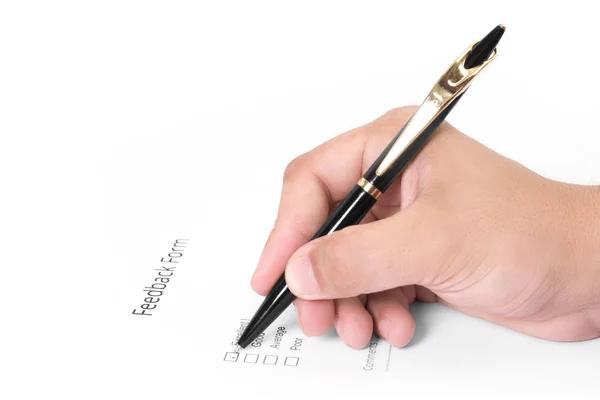 Зображення Людини Заповнює Форму Зворотного Язку Ручкою Ізольовані Білому Тлі — стокове фото