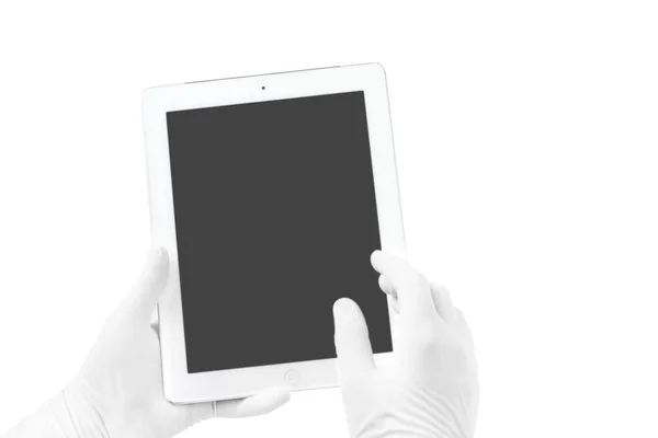Immagine Dell Uomo Laboratorio Che Tiene Mano Tablet Digitale Isolato — Foto Stock