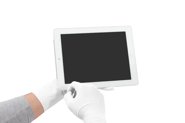 Immagine Dell Uomo Laboratorio Che Tiene Mano Tablet Digitale Isolato — Foto Stock