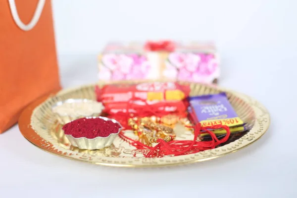 Indian Festival Raksha Bandhan Background Elegant Rakhi Rice Grains Kumkum — Stock Photo, Image