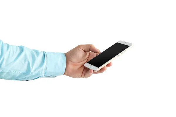 Obrázek Muže Který Drží Mobil Ruce Izolované Bílém Pozadí — Stock fotografie