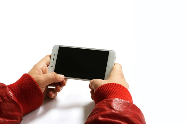 Obrázek Muže Který Drží Mobil Ruce Izolované Bílém Pozadí — Stock fotografie