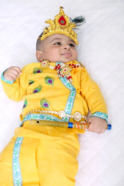 Picture Indian Little Child Wearing Lord Krishna Costume Celebrating Janmashtami — Stock Photo, Image