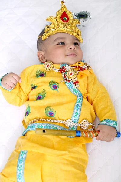 Picture Indian Little Child Wearing Lord Krishna Costume Celebrating Janmashtami — Stock Photo, Image