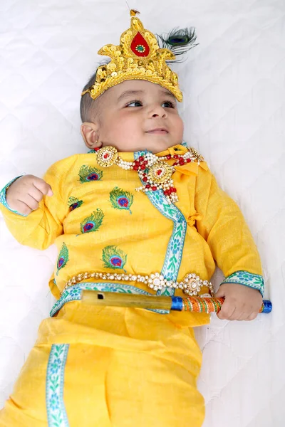 Picture Indian Little Child Wearing Lord Krishna Costume Celebrating Janmashtami — Stock Photo, Image