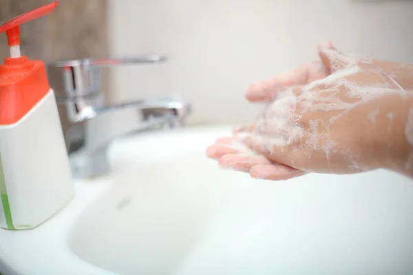 Wash Hands Liquid Soap Gently Stay Prevent Backterias Infections — Stock Photo, Image