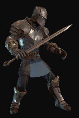 Siyah arka planda kılıç 3D render ile fantezi karakter şövalye