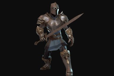 Siyah arka planda kılıç 3D render ile fantezi karakter şövalye